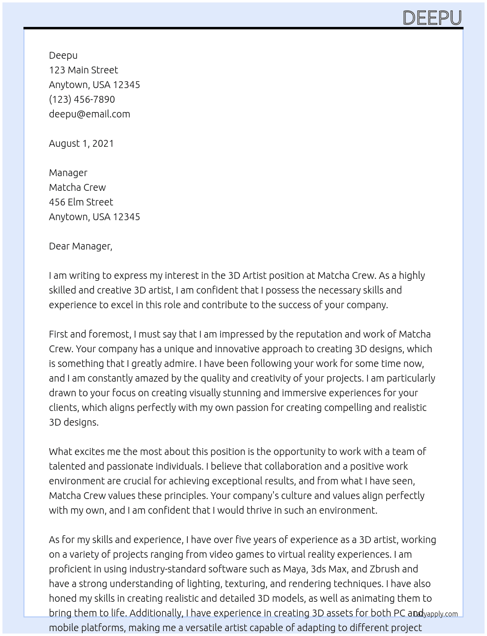 3d artist At matcha crew Cover Letter
