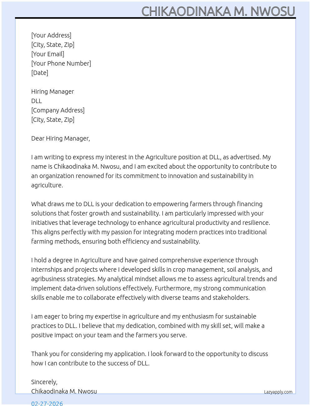 Cover letter for agriculture - LazyApply