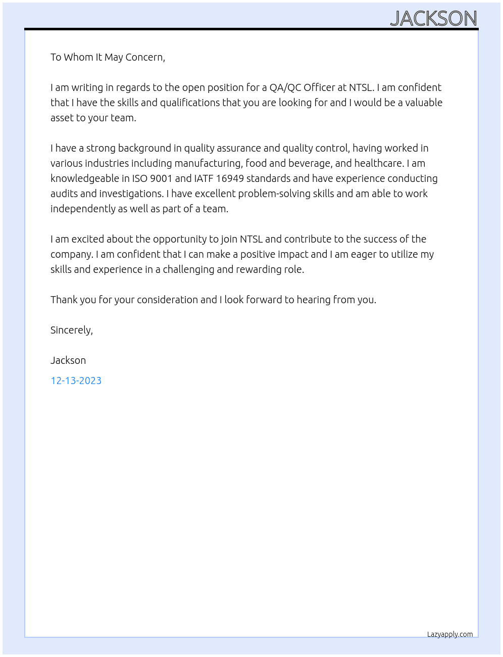 QA/QC Officer At NTSL Cover Letter