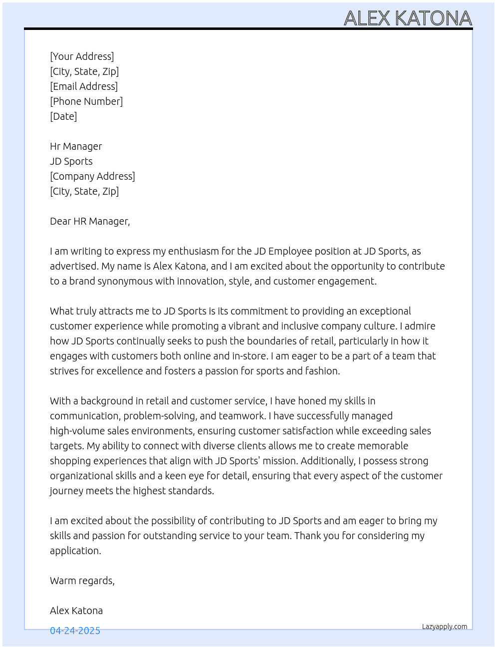 JD employee At JD Sports Cover Letter