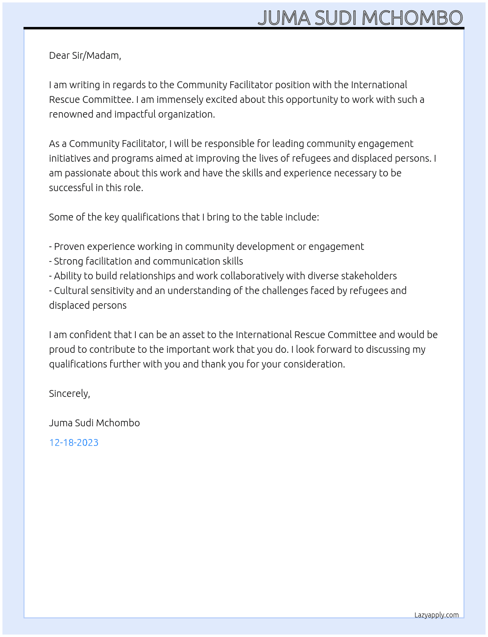 community facilitator At international Rescue committee Cover Letter