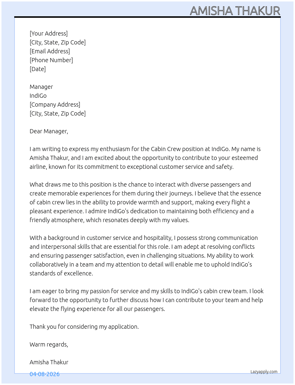 Cabin crew  At IndiGo  Cover Letter