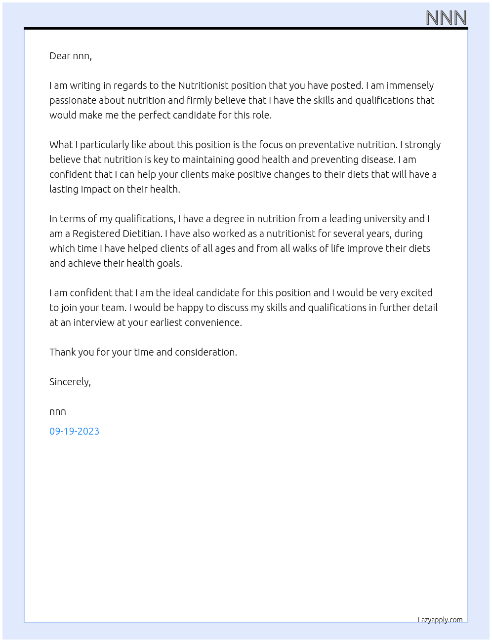 Nutritionist At nnn Cover Letter