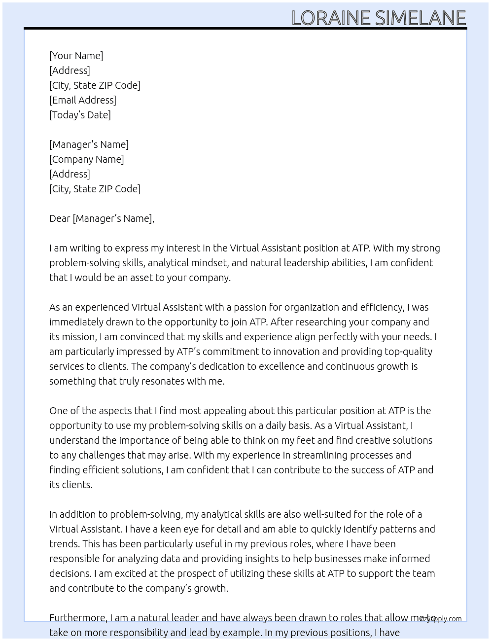 Virtual assistant  At ATP Cover Letter