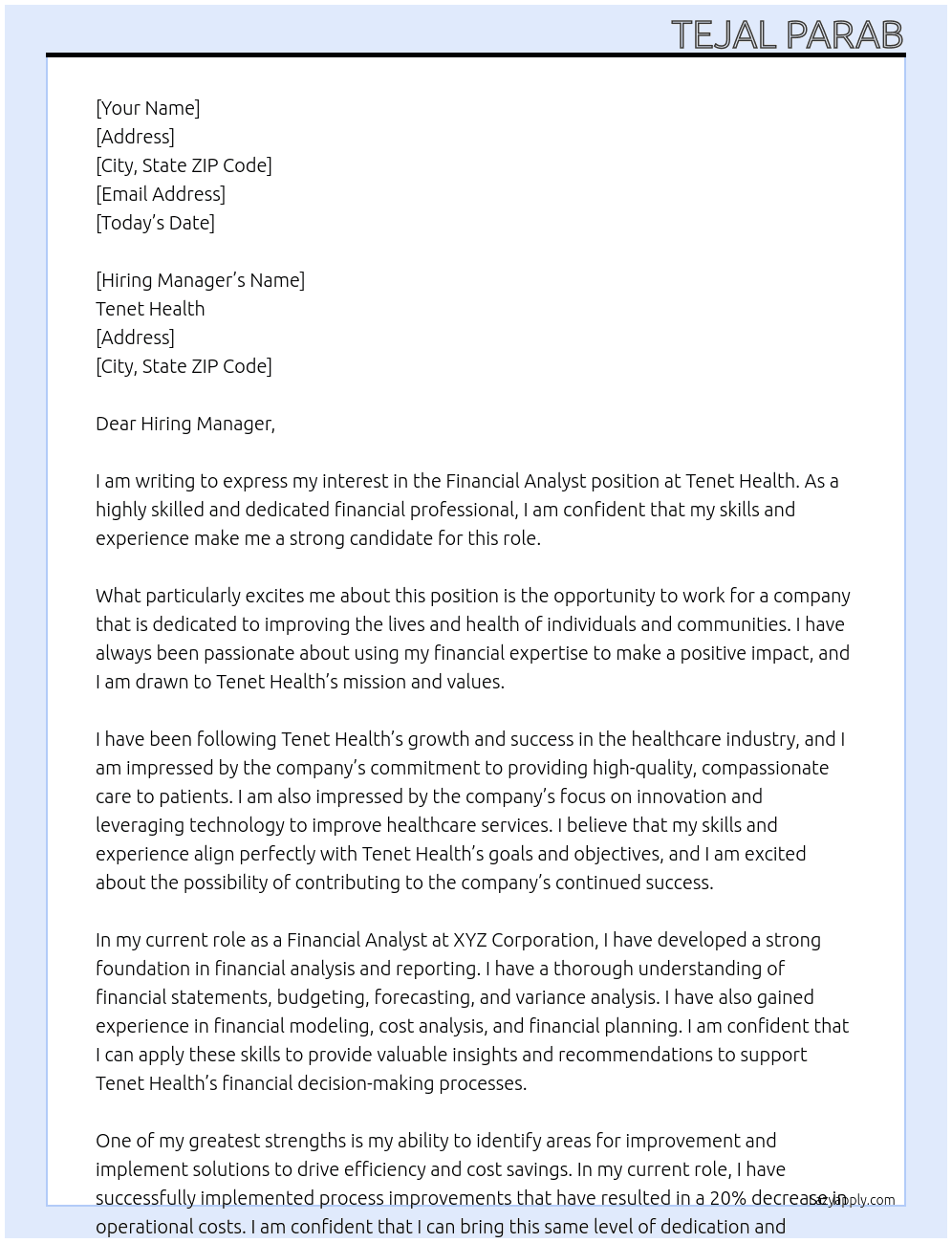 Fiancial Analyst At Tenet Health Cover Letter