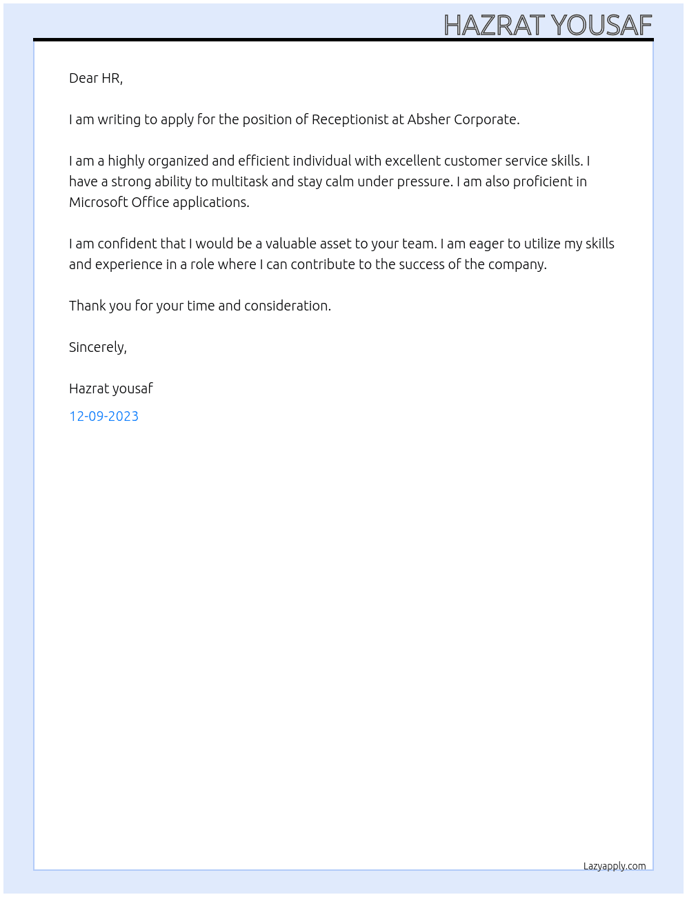 Receptionist At Absher corporate Cover Letter