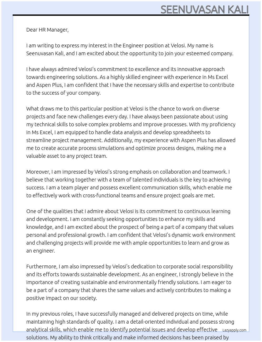 Engineer  At Velosi Cover Letter