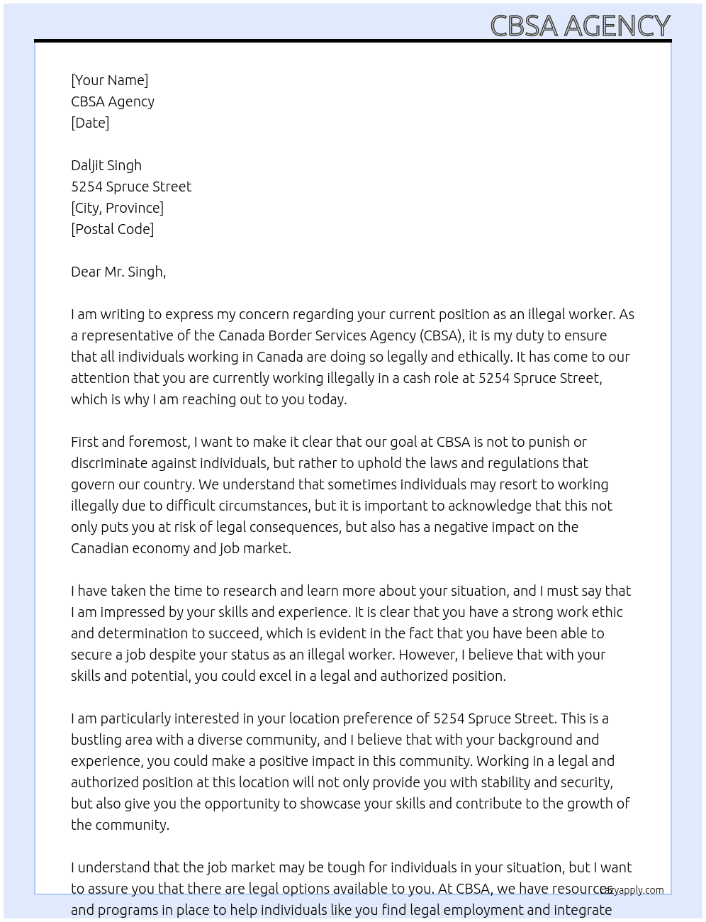 Illegal worker At Daljit singh Cover Letter