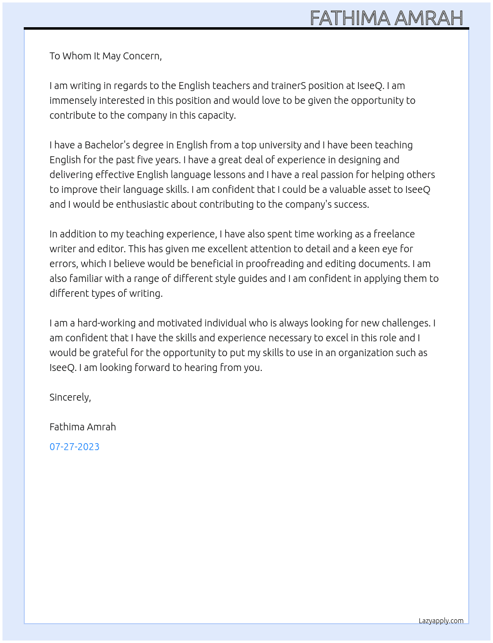 English teachers and trainerS At IseeQ Cover Letter