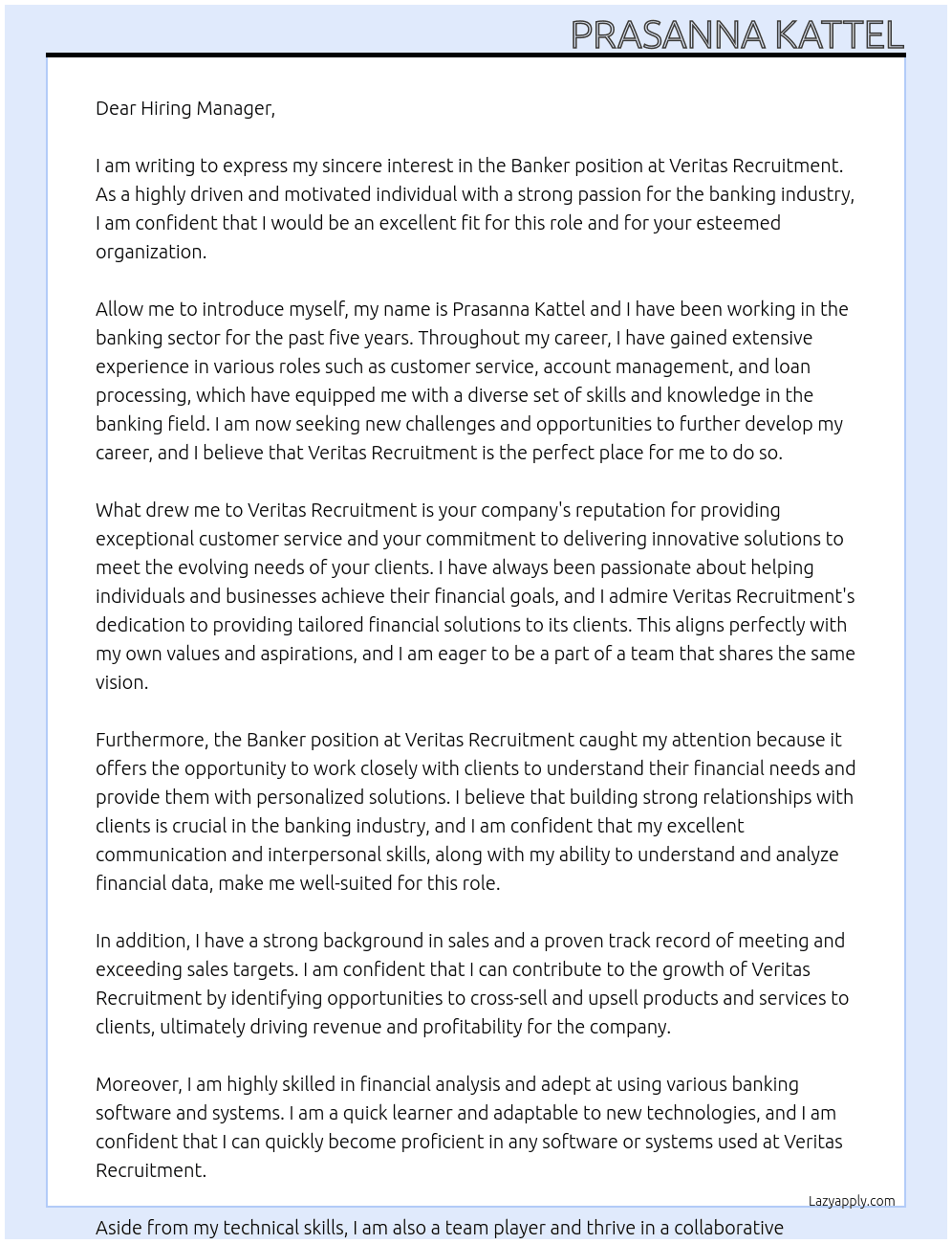 Banker At Veritas Recruitment Cover Letter