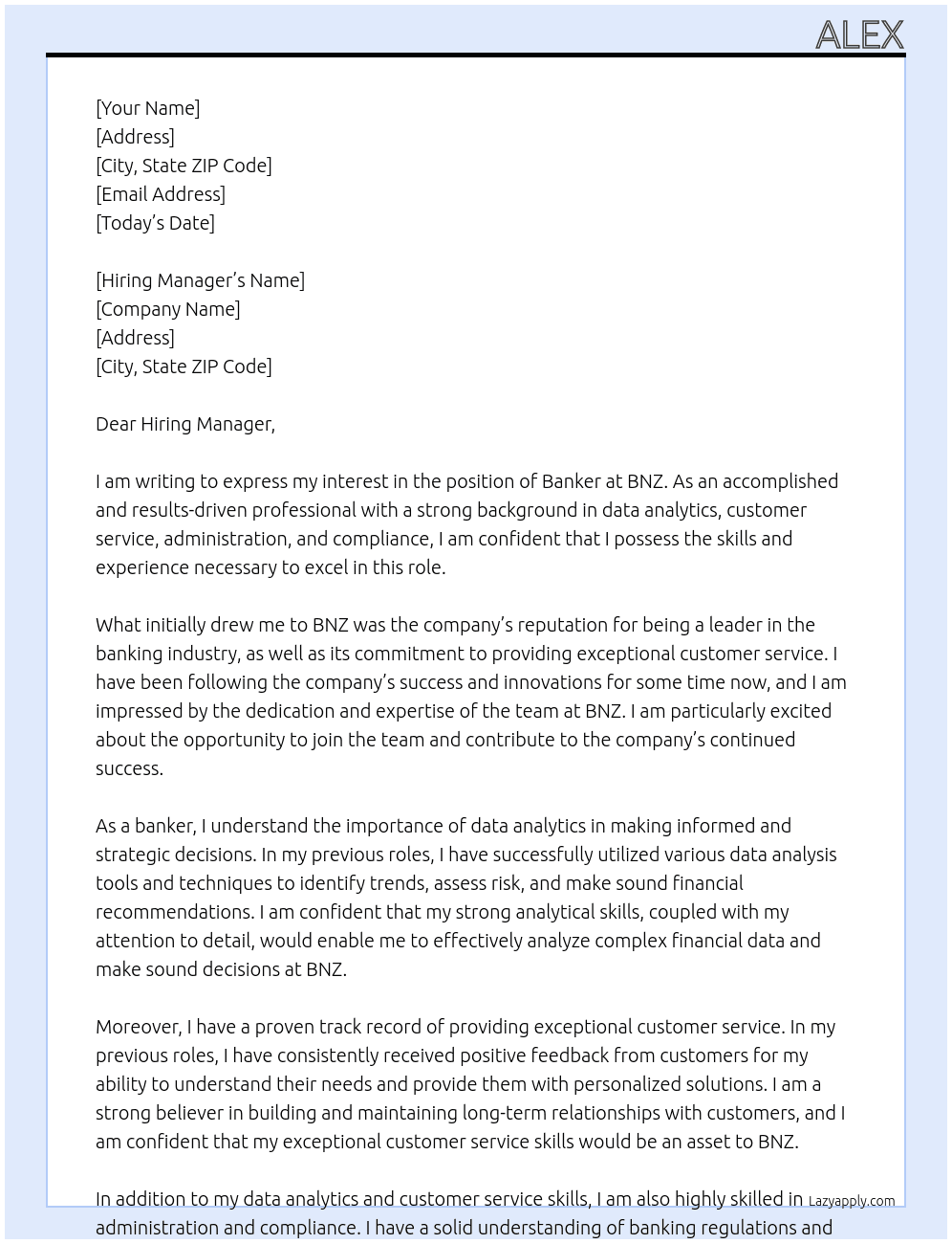 banker At BNZ Cover Letter