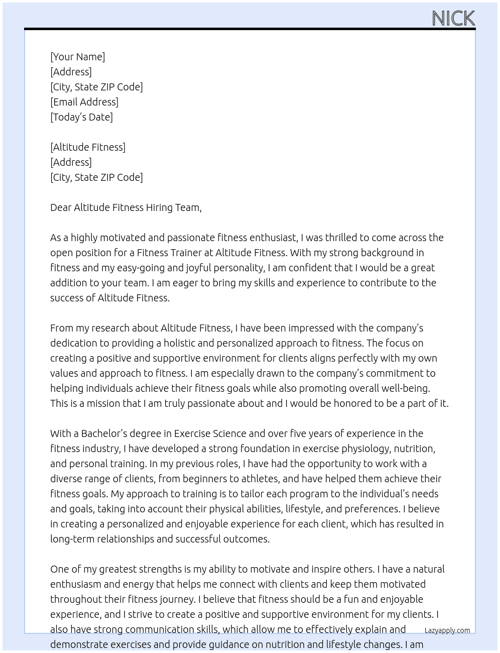 Fitness At Altitude fitness  Cover Letter