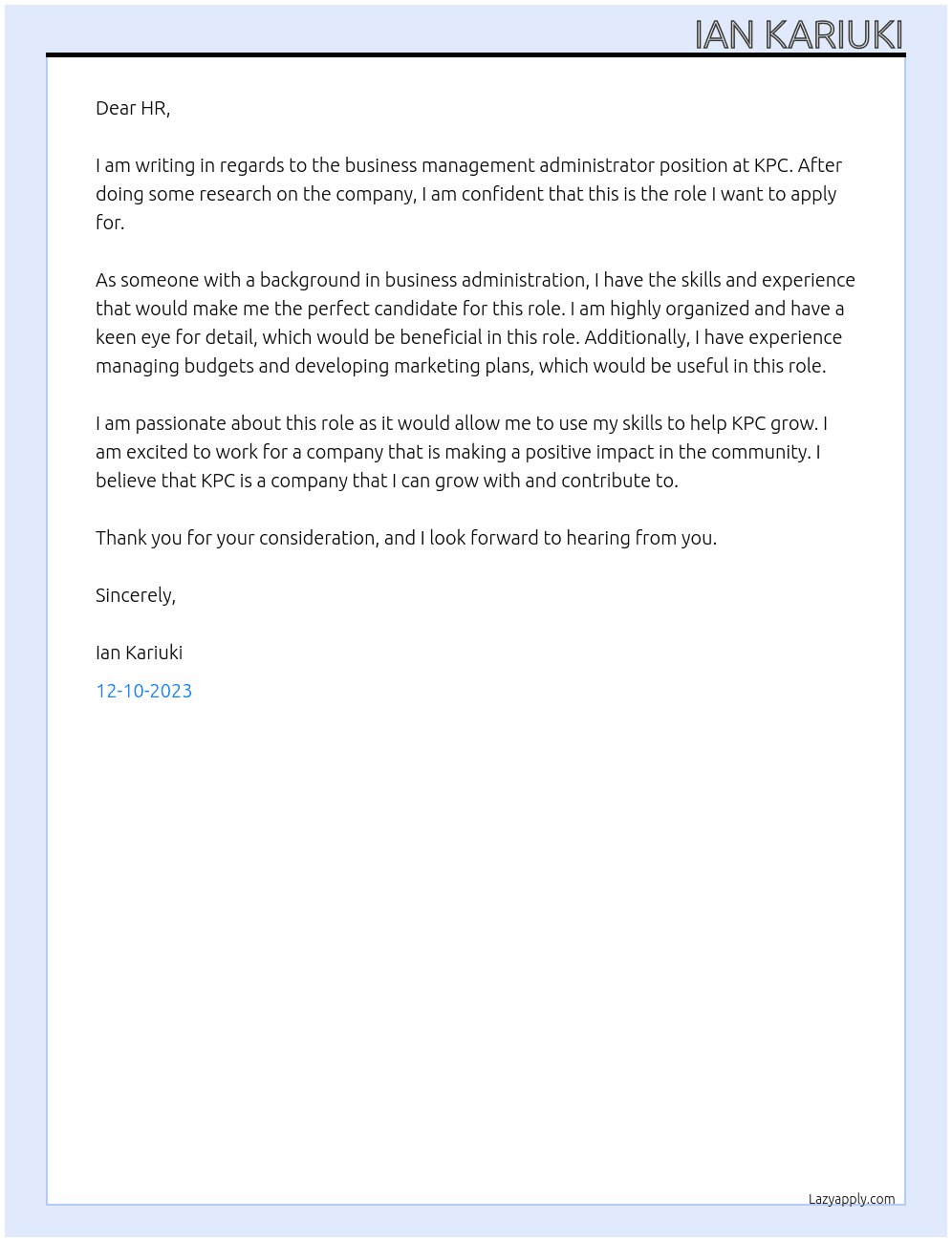 Business management administrator At KPC Cover Letter