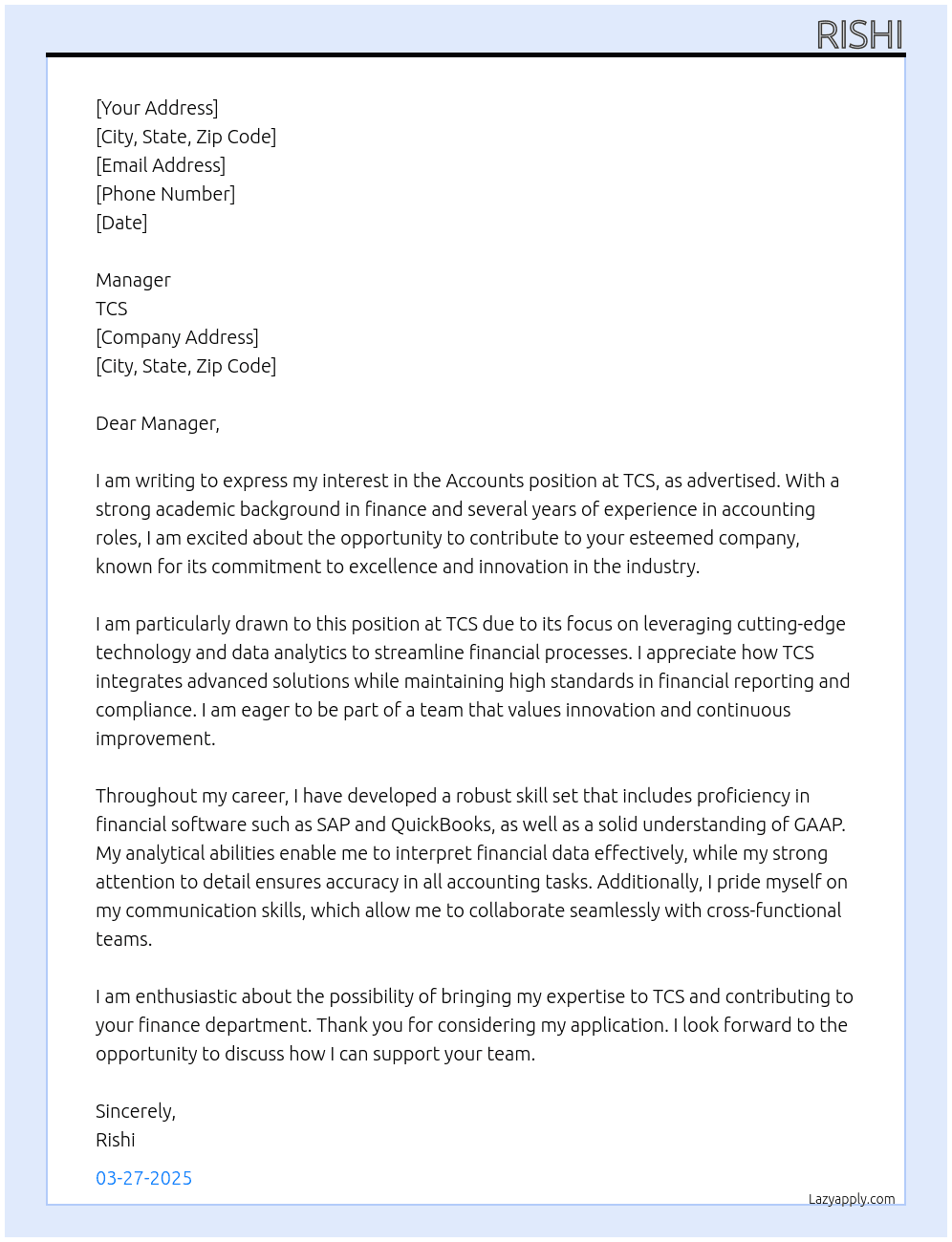 Accounts  At Tcs Cover Letter