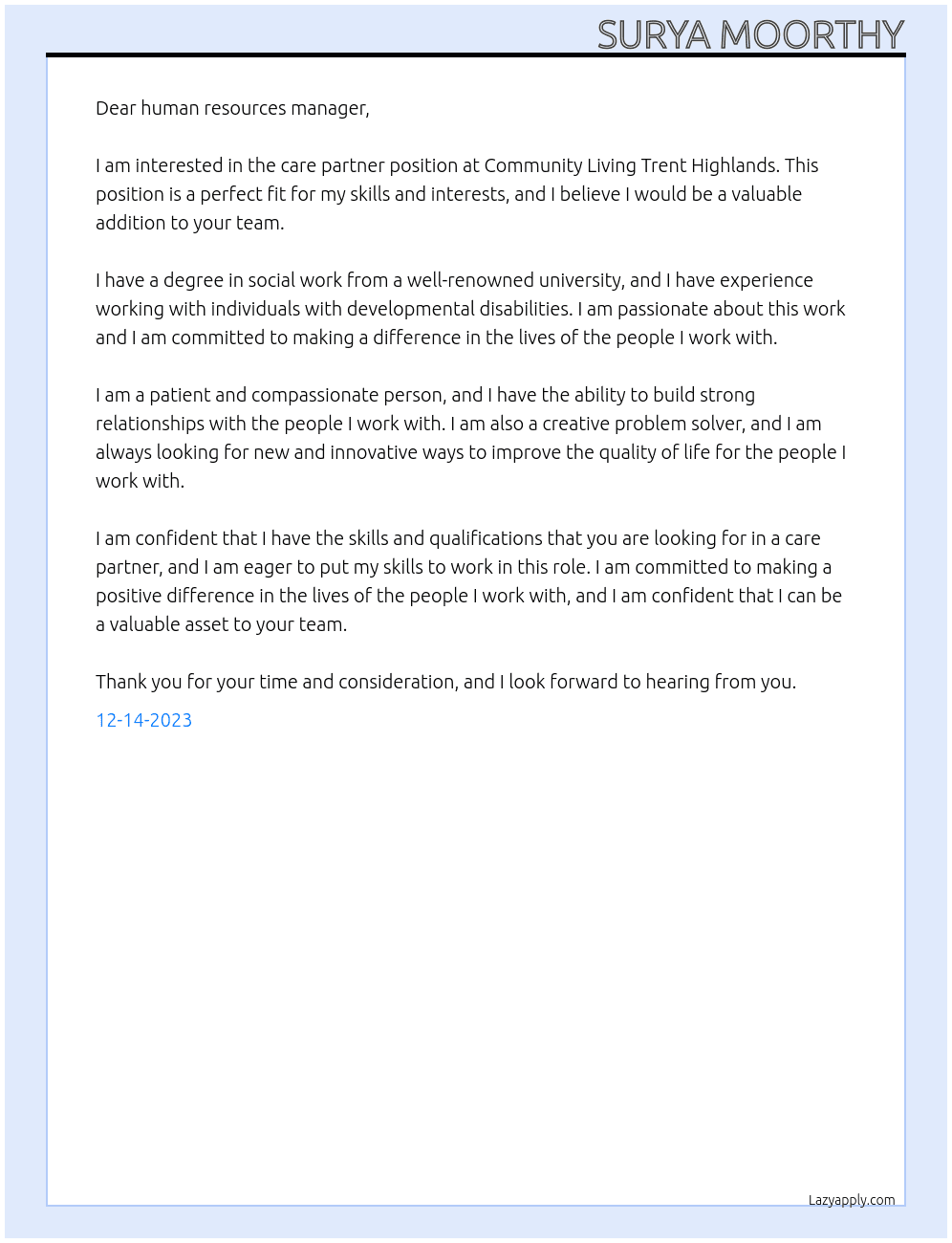 care patner At community living trent highlands Cover Letter