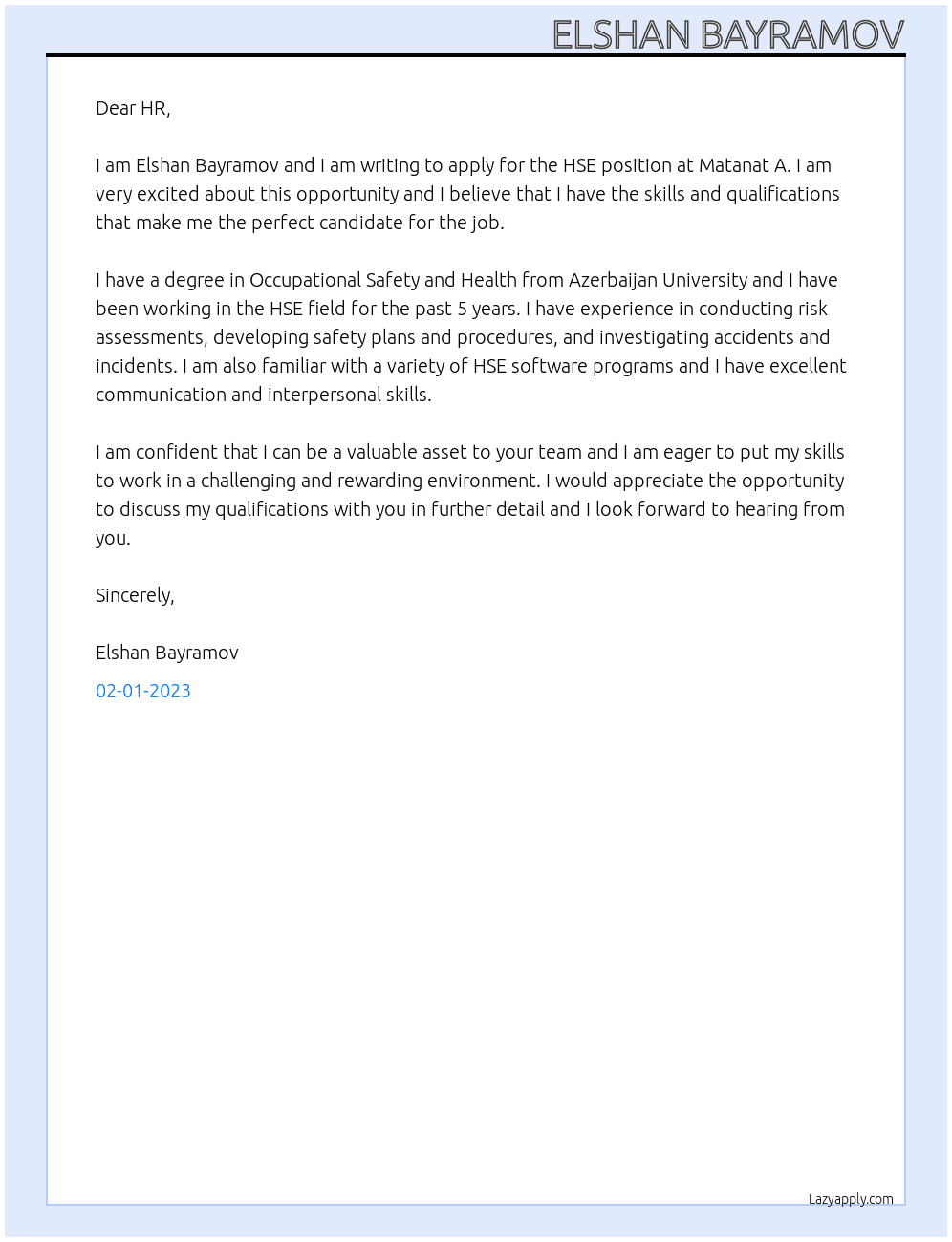 HSE At Matanat A Cover Letter