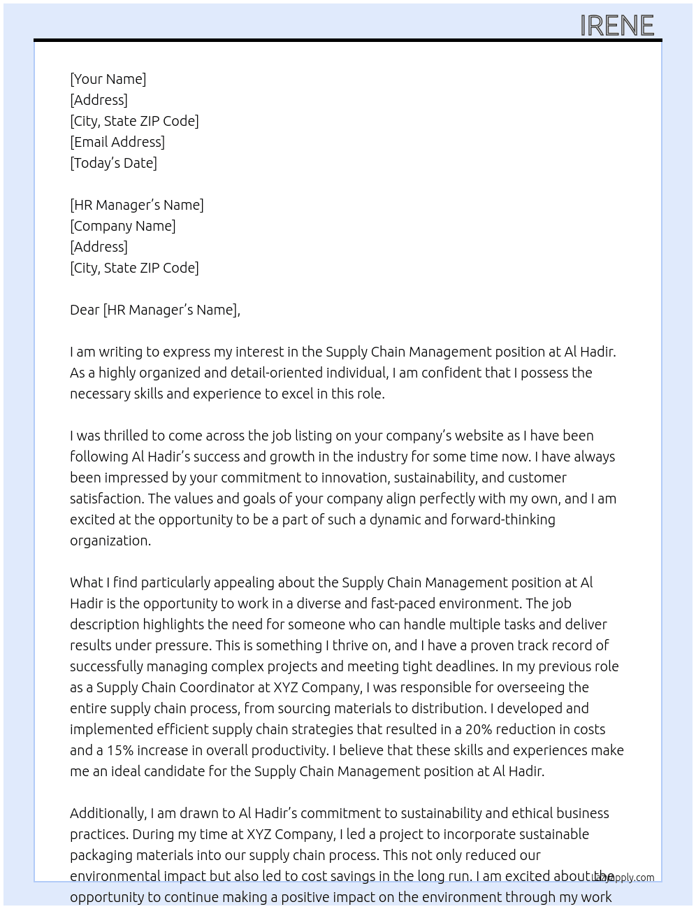 Supply chain management At Al hadir Cover Letter