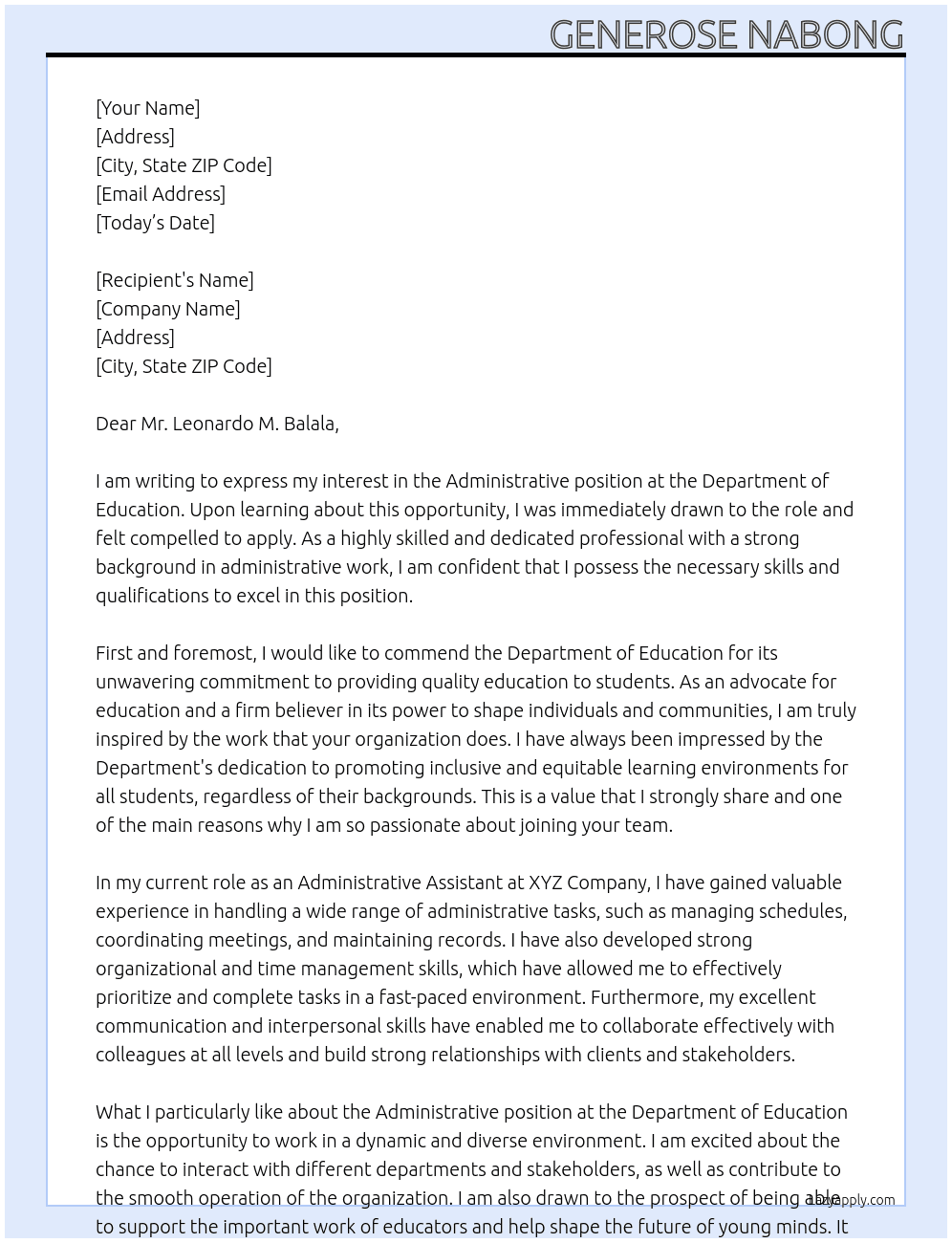 Administrative At DEPARTMENT OF EDUCATION Cover Letter