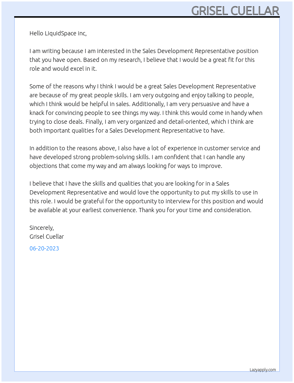 Sales development representative  At LiquidSpace inc Cover Letter