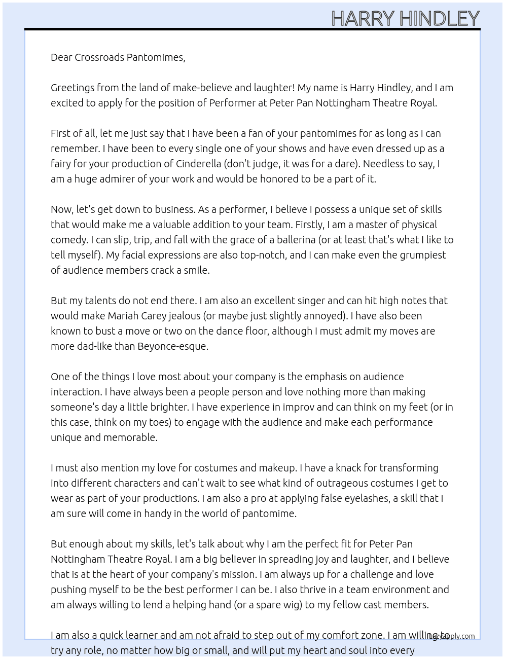 PERFORMER At PETER PAN NOTTINGHAM THEATRE ROYAL Cover Letter