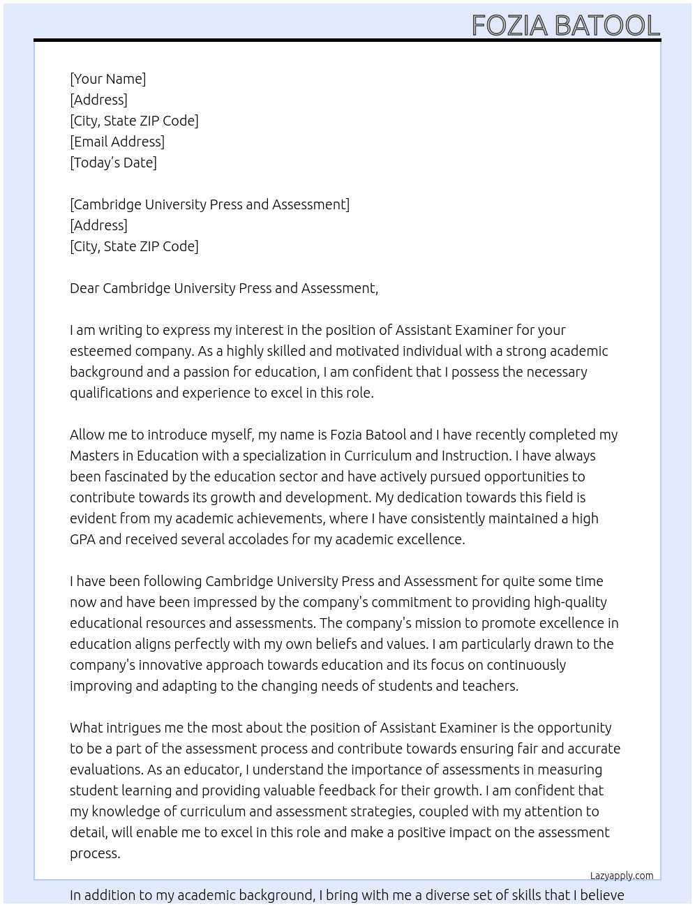 Assistant Examiner At Cambridge Assistant Examiner  Cover Letter