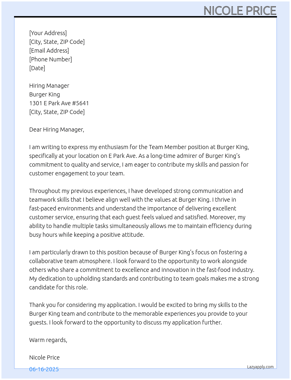 Team member At Burger King Cover Letter