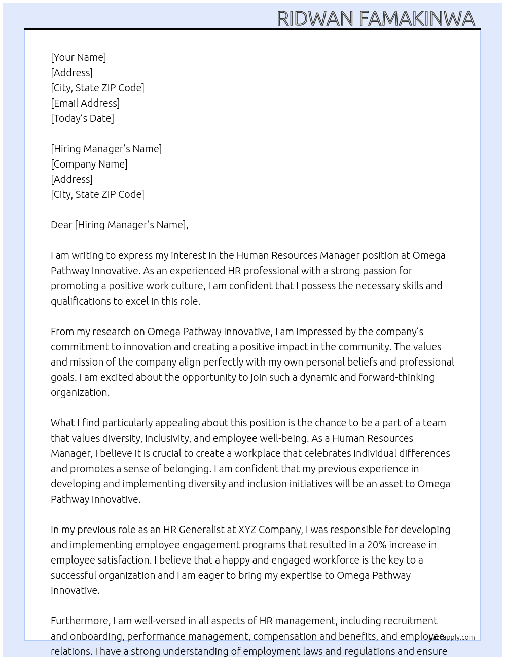 Human resources Manager  At Omega pathway innovative  Cover Letter
