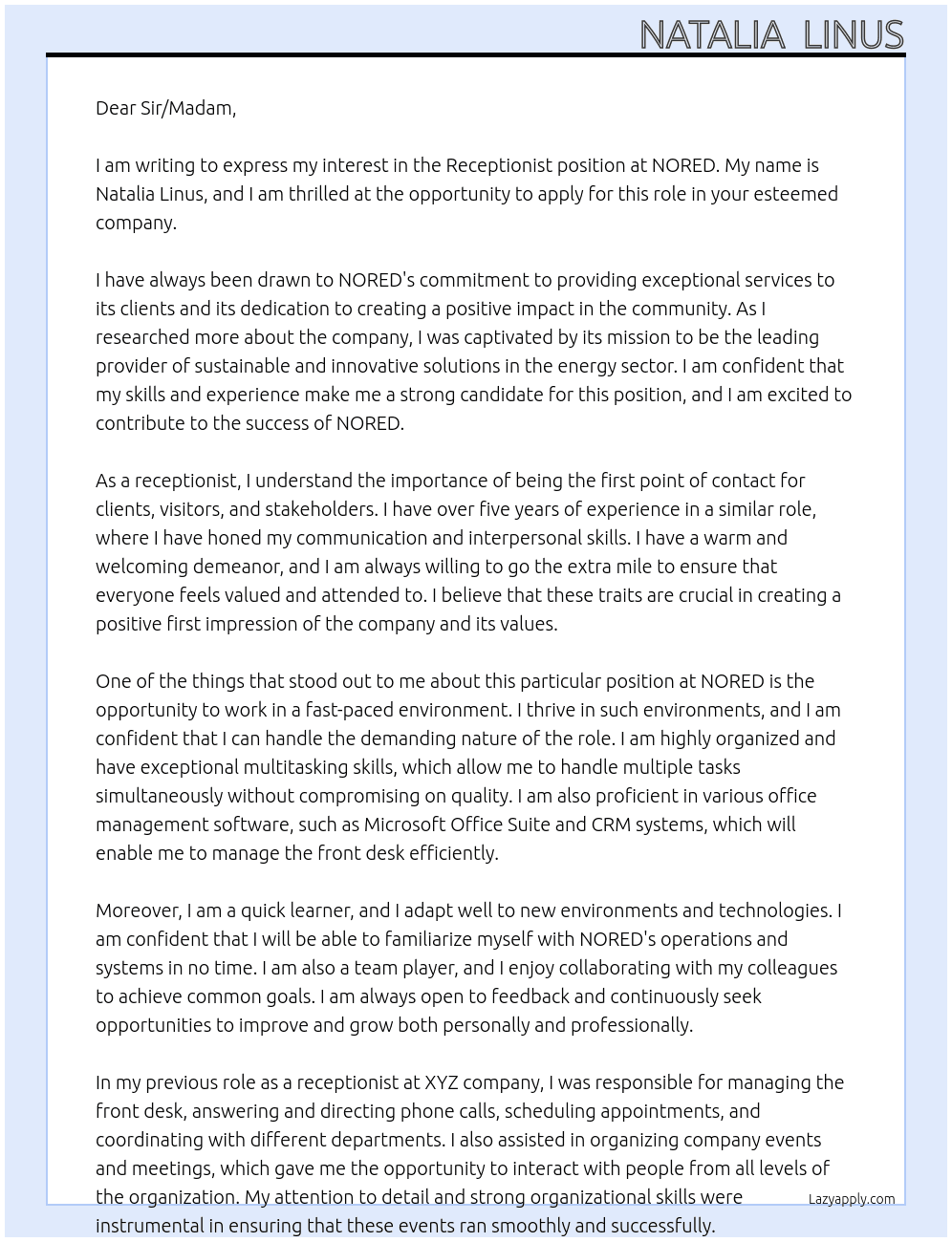 Receptionist At NORED Cover Letter