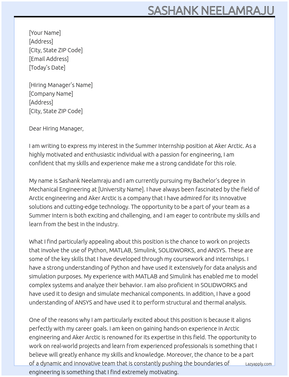Summer Internship At Aker Arctic Cover Letter