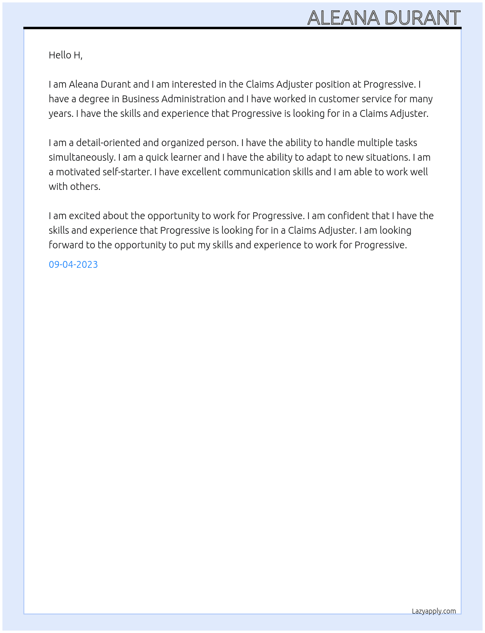 Claims Adjuster At Progressive Cover Letter