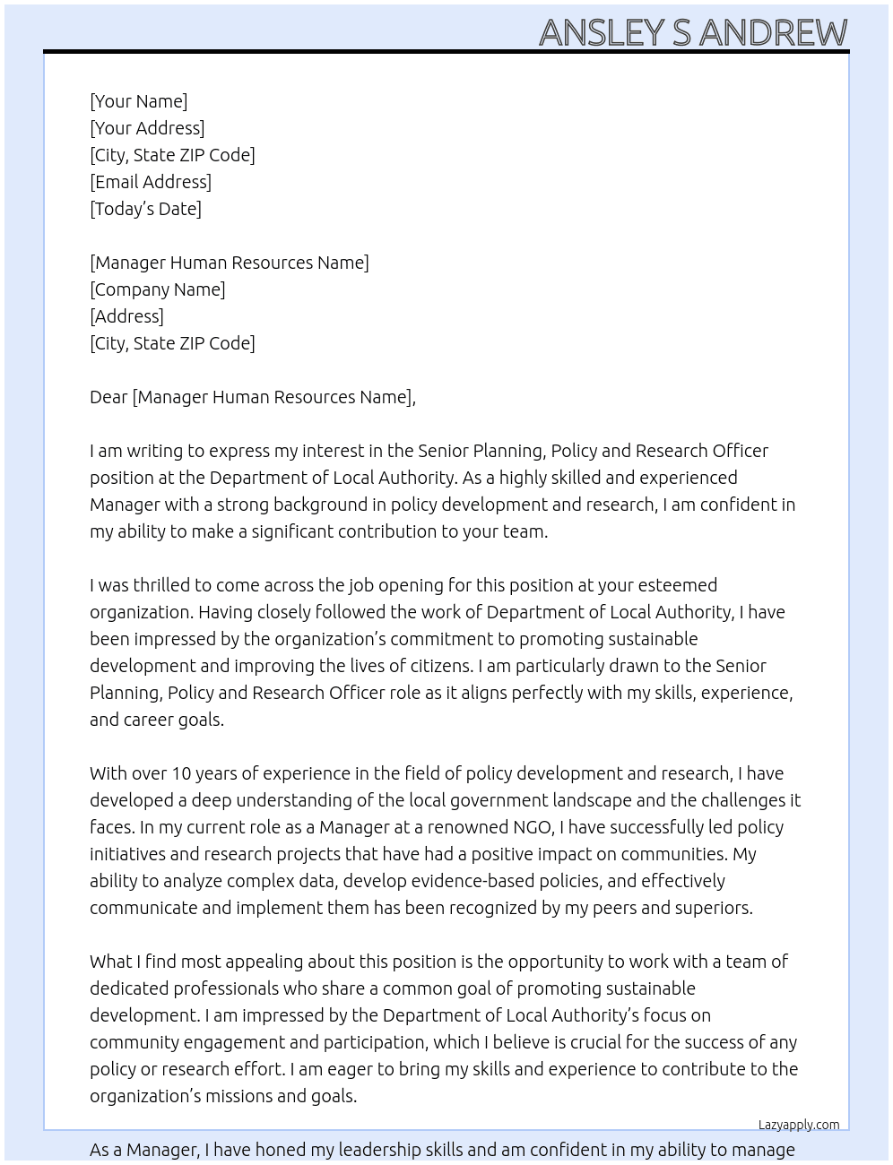 Senior Planning, Policy and Research Officer At Department of Local Authority Cover Letter