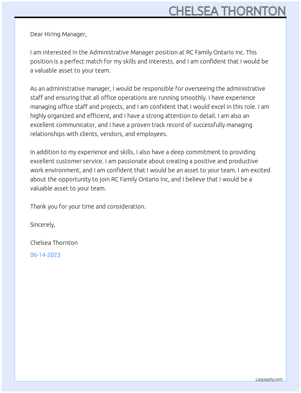 Administrative Manager  At RC Family Ontario Inc Cover Letter