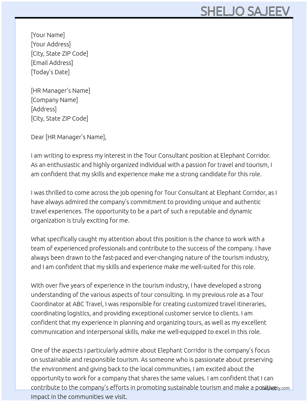 Tour Consultant At Elephant Corridor Cover Letter