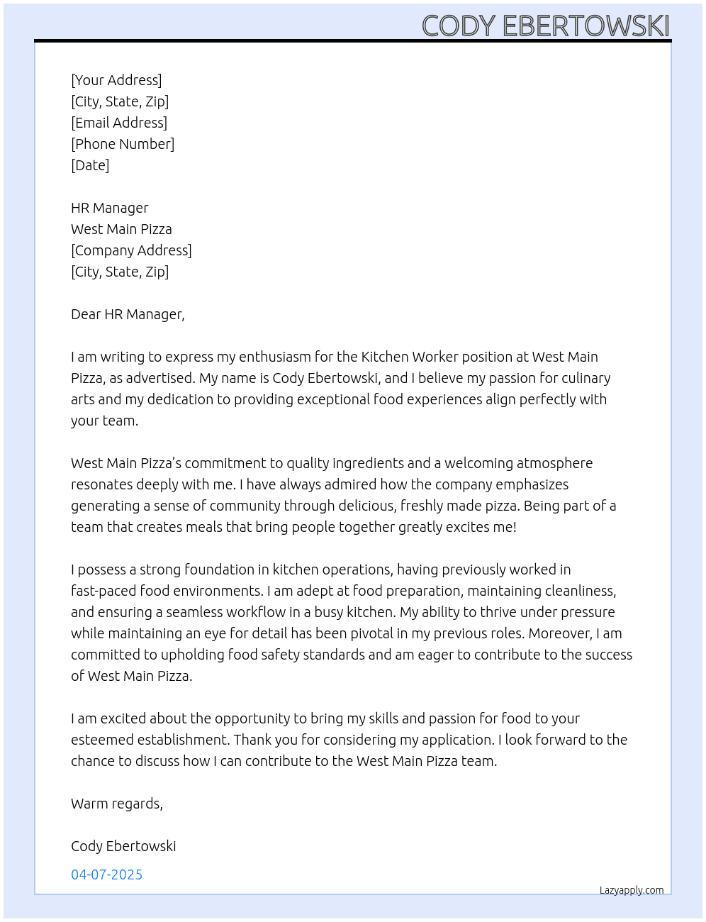 Kitchen worker At West Main Pizza Cover Letter