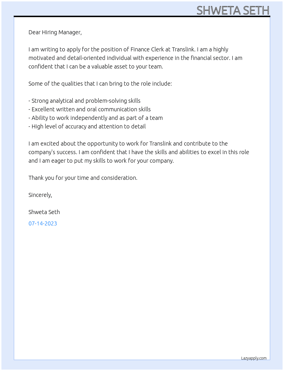 Finance Clerk At Translink Cover Letter