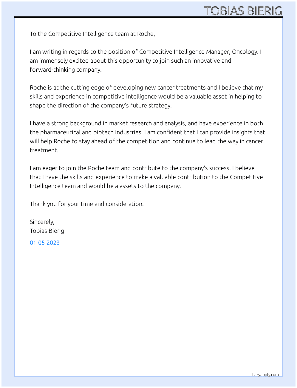 Cover letter for competitive intelligence manager, oncology - LazyApply