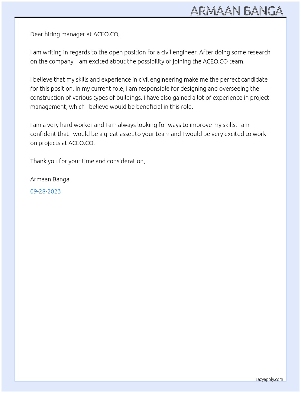 civil engineering  At ACEO.CO Cover Letter