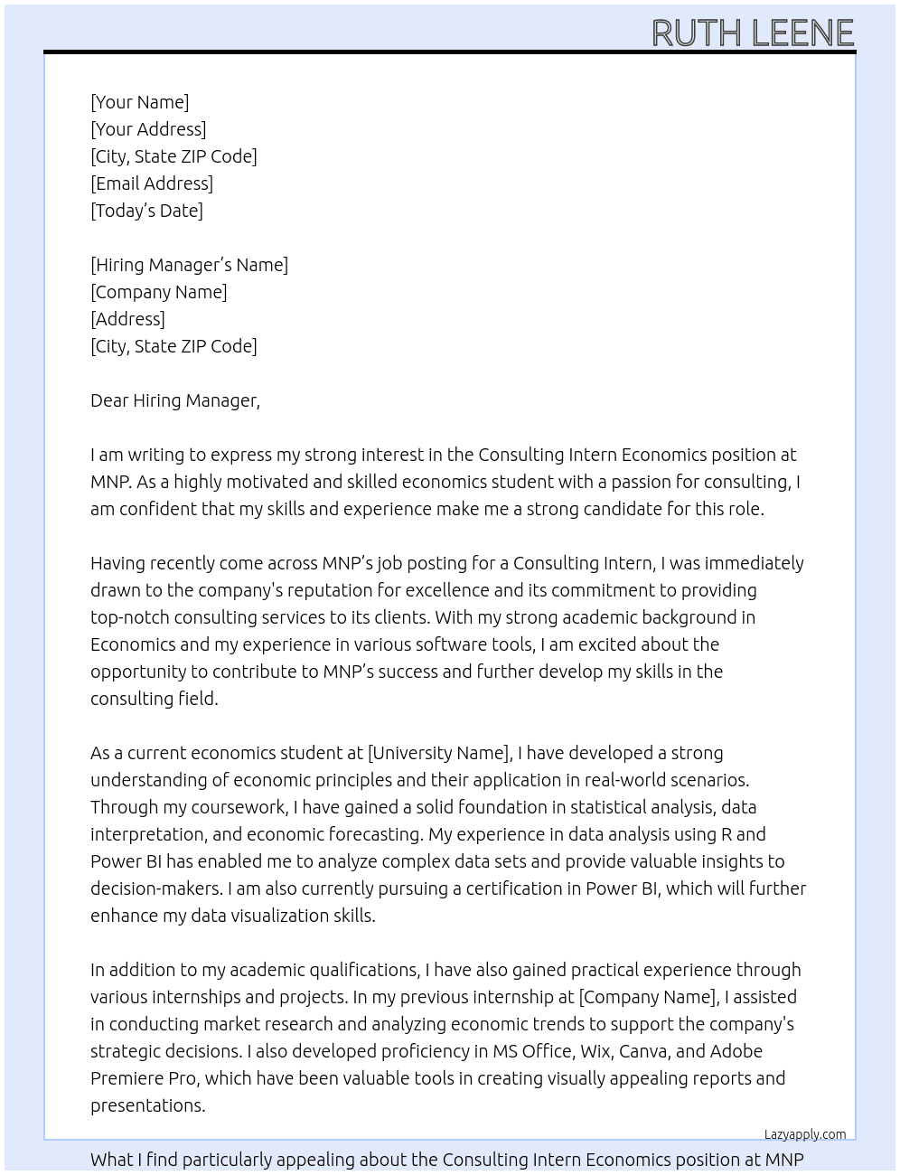 Consulting intern economics At MNP Cover Letter