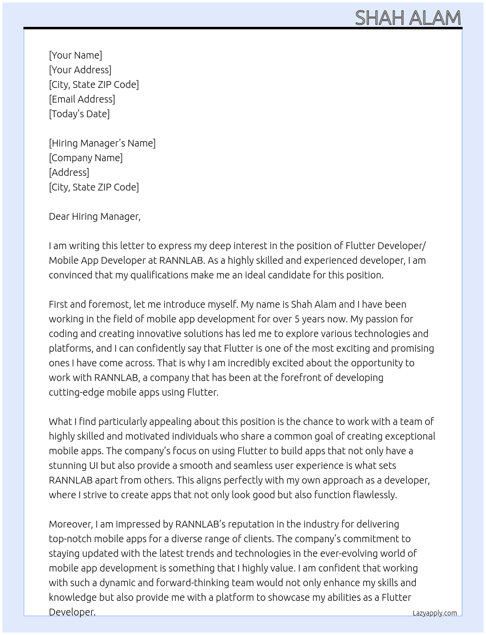 Flutter Developer/ Mobile App Developer At RANNLAB Cover Letter