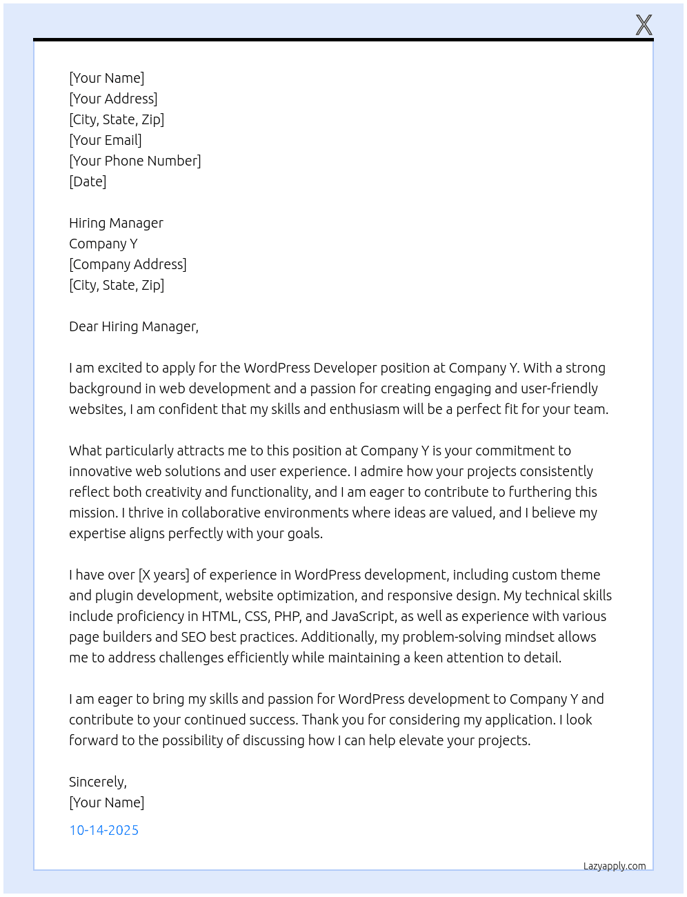 Cover letter for wordpress developer - LazyApply
