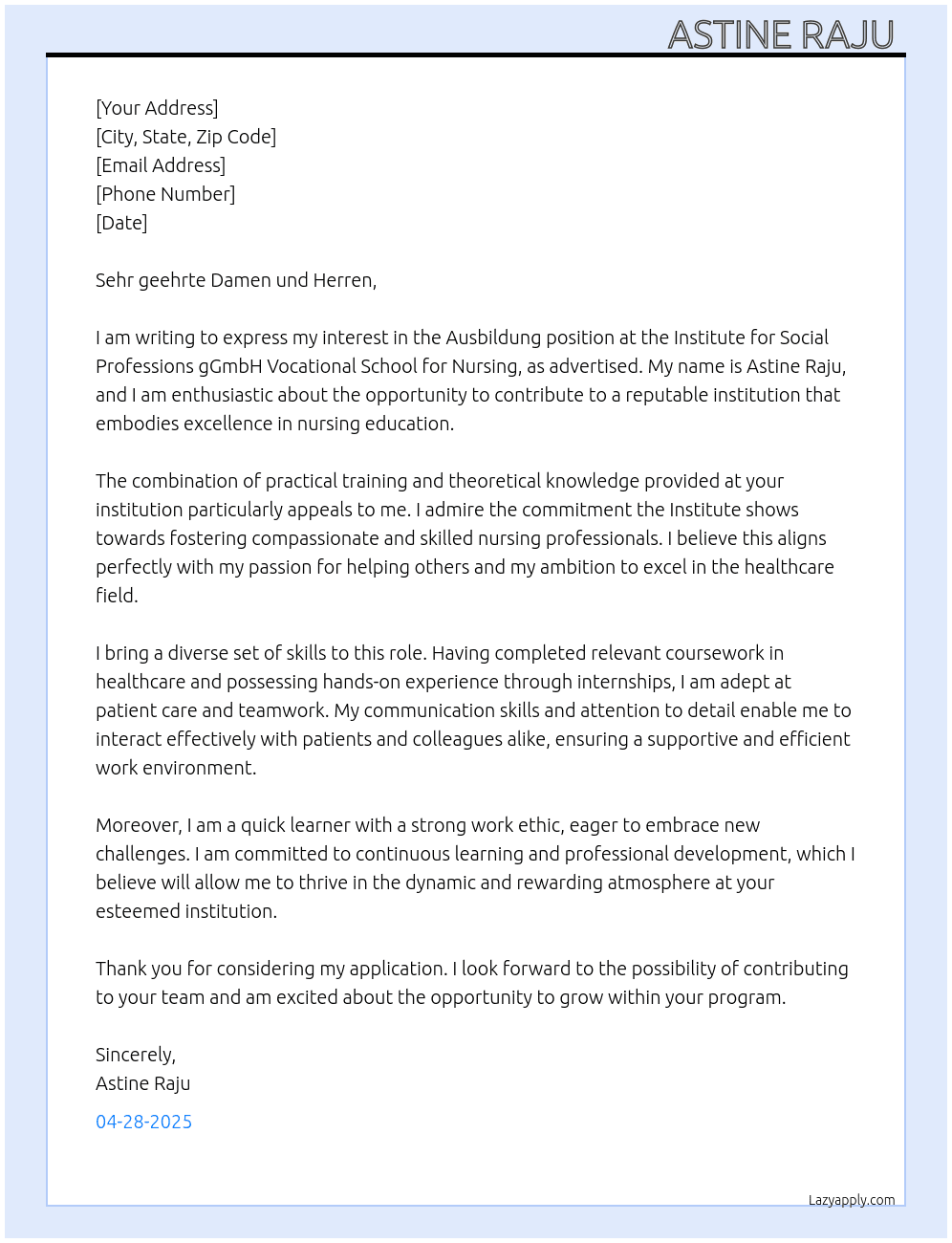 Ausbildung  At Institute for Social Professions gGmbH  Vocational School for Nursing  Marktstraße 9/2  88410 Bad Wurzach Cover Letter