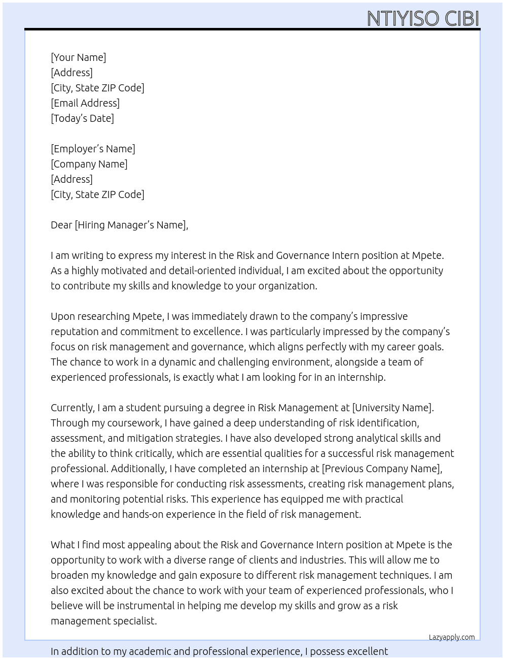 Risk and governance Intern At Mpete Cover Letter
