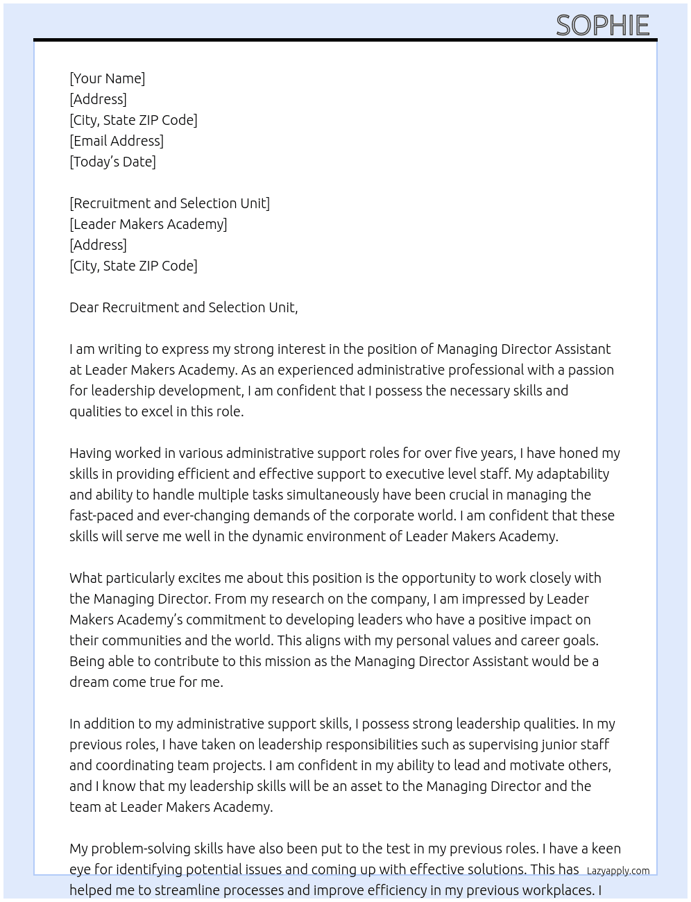 Managing director assistant  At Leader makers academy  Cover Letter