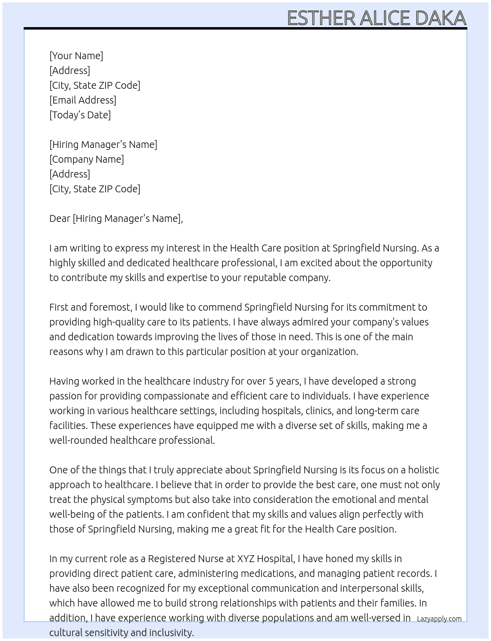 health care At springfield nursing Cover Letter
