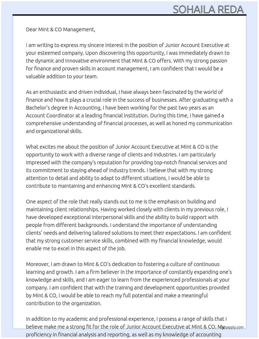 Junior Account Executive  At Mint & CO. Cover Letter