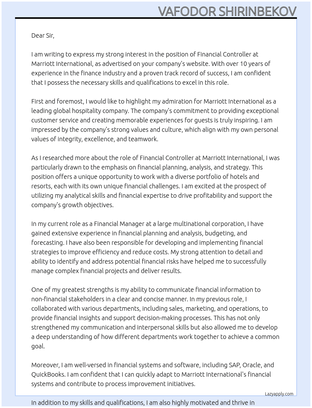 Financial Controller At Marriott International Cover Letter