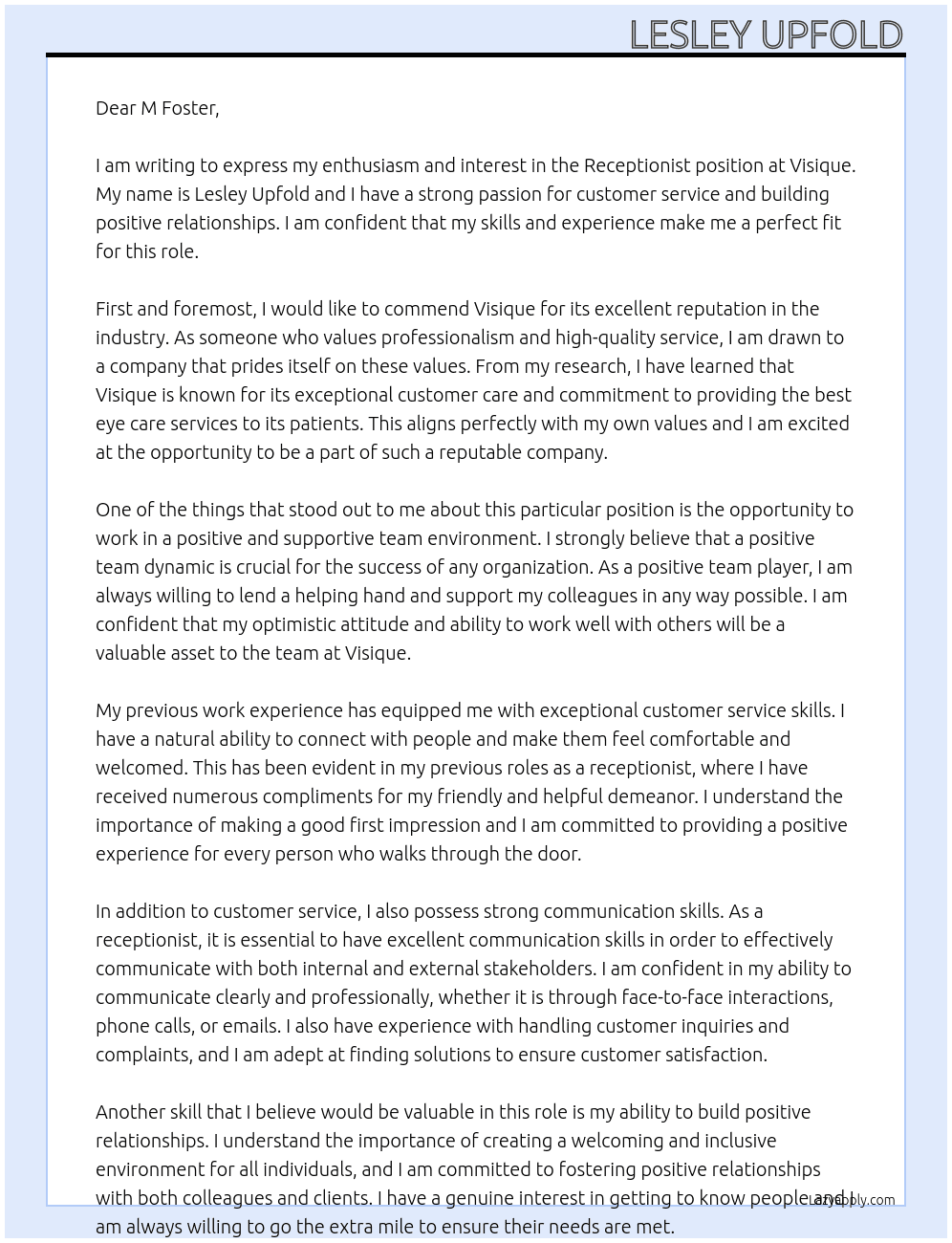 Receptionist At Visique Cover Letter