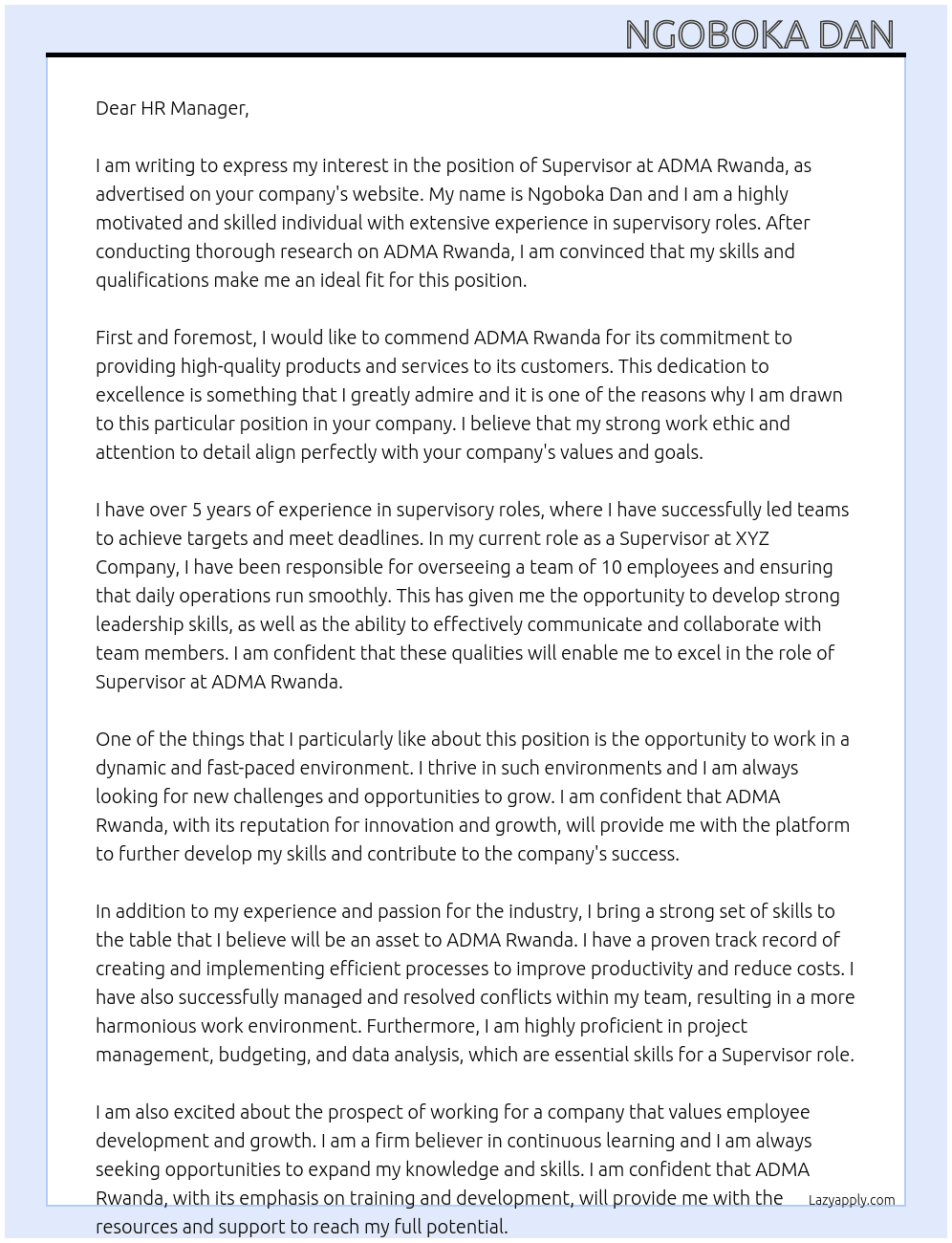 supervisor At ADMA Rwanda Cover Letter