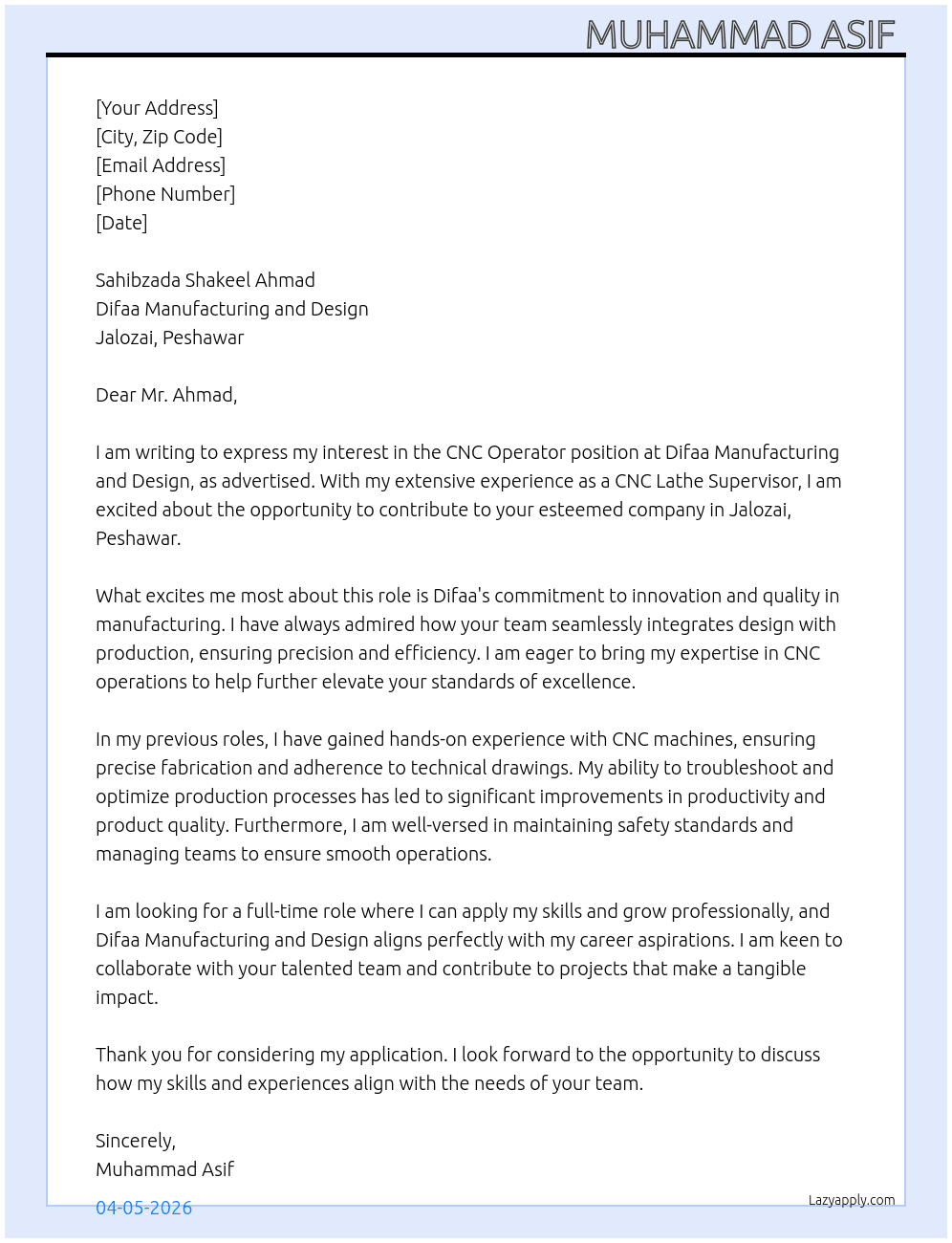CNC operator  At Difaa manufacturing and design jalozai Peshawar  Cover Letter