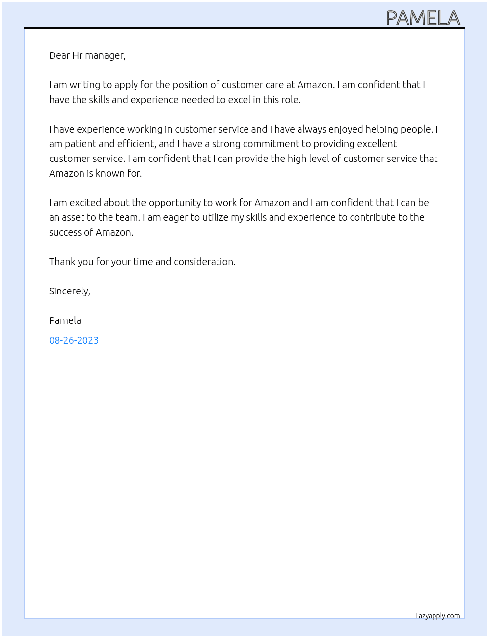 Customer care At Amazon Cover Letter
